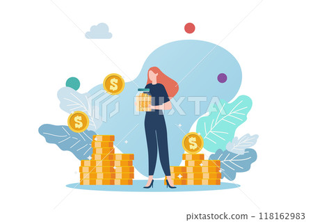 Woman holding money glass jar. business investment concept. Woman holding money glass jar. business investment concept. 118162983