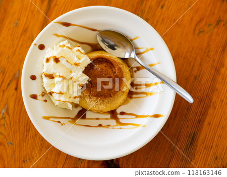 Creamy flan served on platter for dessert Creamy flan served on platter for dessert 118163146