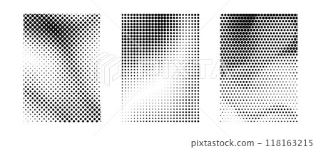 Grunge halftone gradient set. Black grit sand noise texture collection. Retro dotted pixel backdrop pack. Cartoon polka dot overlay background with raster effect for banner, poster, flyer. Vector 118163215