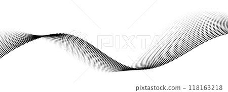 Dotted wave line pattern. Black halftone undulate background. Abstract stipple particle flow wallpaper. Curved dashed gradient net element for poser, banner, presentation, booklet, flyer. Vector 118163218