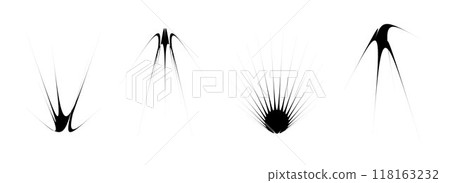 Black thin spiky thorn element set. Abstract sharp shapes and angular sparks bundle. Futuristic spokes objects for poster design, collage, banner, badge, logo, card, icon, label, sticker. Vector 118163232