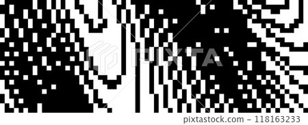 Dithered wavy curved line texture. Black 8 bit pixel glitch background. Digitalized distorted backdrop for banner, poster, flyer, brochure, booklet. Rasterized stripes overlay wallpaper. Vector 118163233
