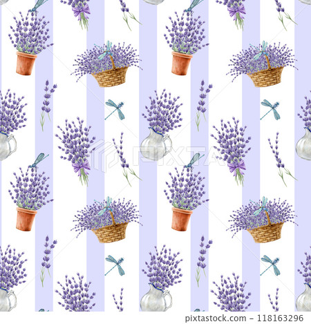 Romantic mood lavender flower decor elements seamless pattern. Watercolor vintage style illustration. Lavandula herb rustic style decoration design for print. Decorative rustic elements with lavender 118163296