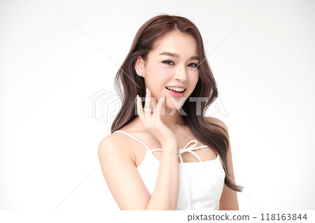 Beautiful young asian woman with clean fresh skin on white background, Face care, Facial treatment, Cosmetology, beauty and spa, Asian women portrait. Beautiful young asian woman with clean fresh skin on white background, Face care, Facial treatment, Cosmetology, beauty and spa, Asian women portrait. 118163844