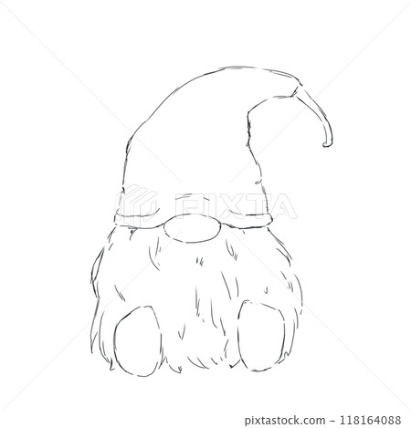 Gnome in a sleeping cap with a lush beard sits black and white illustration Gnome in a sleeping cap with a lush beard sits black and white illustration 118164088