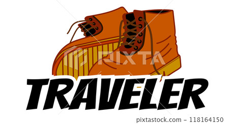 old leather boots with traveler word on white background, no people. 118164150