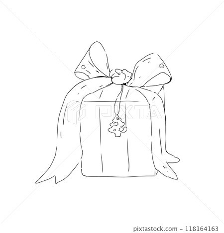 Gift box tied with ribbon with Christmas tree pendant black and white illustration Gift box tied with ribbon with Christmas tree pendant black and white illustration 118164163