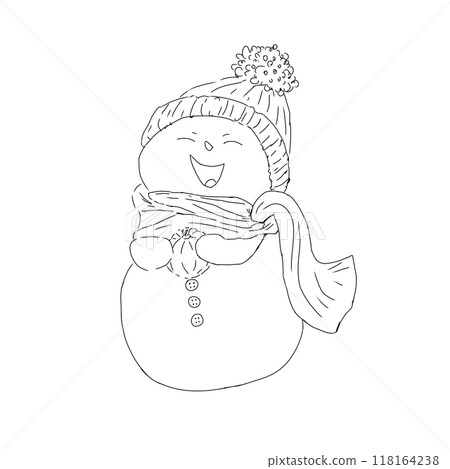 Laughing snowman in a warm scarf and hat holds a tangerine in his hands graphics black and white line illustration print engraving texture new year's eve Laughing snowman in a warm scarf and hat holds a tangerine in his hands graphics black and white line illustration print engraving texture new year's eve 118164238