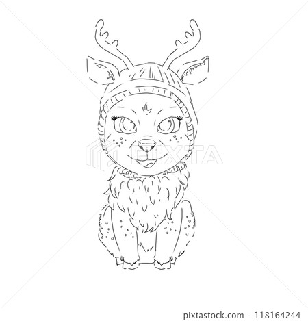 Christmas little reindeer with warm hat sits and looks straight smiles graphic black and white line illustration print engraving texture new year eve 118164244