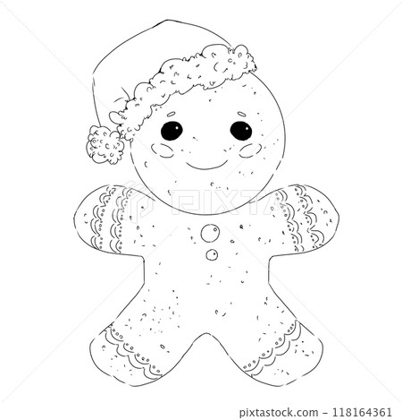 Gingerbread christmas man in santa claus hat graphic black and white line illustration print engraving texture sweetness new years eve treat 118164361
