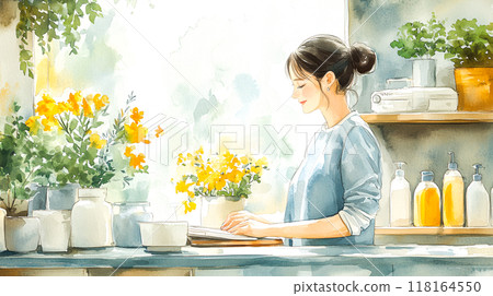 Serene Beauty  Watercolor Painting of Natural Makeup Woman Surrounded by Blooming Flowers Organic Beauty Artwork 118164550