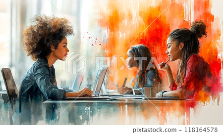 Serene Beauty  Watercolor Painting of Natural Makeup Woman Surrounded by Blooming Flowers Organic Beauty Artwork 118164578