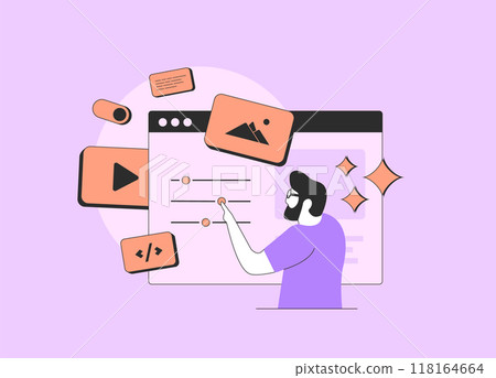 Website development process of building homepage layout HTML design. Web content creation for SEO, UI, UX design settings, coding, responsive web building using website builder. Vector illustration 118164664