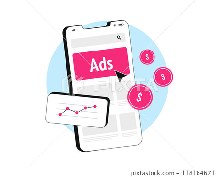 In-app ads with mobile advertising. Digital marketing strategy with user engagement, app monetization with targeted ads. For mobile games, banner video ads and revenue generation. Vector illustration In-app ads with mobile advertising. Digital marketing strategy with user engagement, app monetization with targeted ads. For mobile games, banner video ads and revenue generation. Vector illustration 118164671