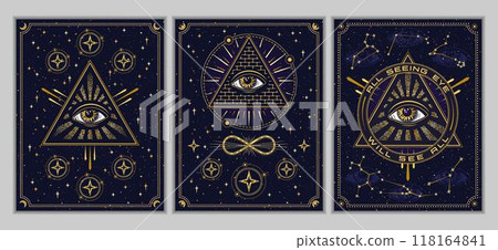 Posters, cards with with all seeing eye, eye of providence in pyramid. Concept of harmony of universe, wisdom, secret knowledge, extended mind. Mystical boho illustration in vintage style. Posters, cards with with all seeing eye, eye of providence in pyramid. Concept of harmony of universe, wisdom, secret knowledge, extended mind. Mystical boho illustration in vintage style. 118164841