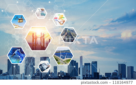 Network of various technologies related to society Horizontal visual for banners and advertisements 118164977
