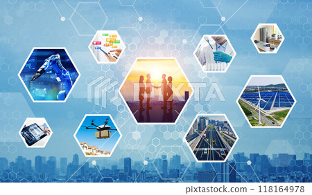 Network of various technologies related to society Horizontal visual for banners and advertisements Network of various technologies related to society Horizontal visual for banners and advertisements 118164978