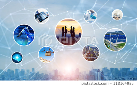 Network of various technologies related to society Horizontal visual for banners and advertisements 118164983