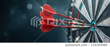 Darts Hitting The Bullseye On A Dartboard, With A Blurred Background Of Business Success And Copy Space For Text. Darts Hitting The Bullseye On A Dartboard, With A Blurred Background Of Business Success And Copy Space For Text. 118164986