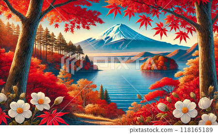 本棲湖的秋葉和富士山的景色 本棲湖的秋葉和富士山的景色 118165189