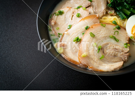 Ramen noodles in pork bone soup with roast pork and egg Ramen noodles in pork bone soup with roast pork and egg 118165225