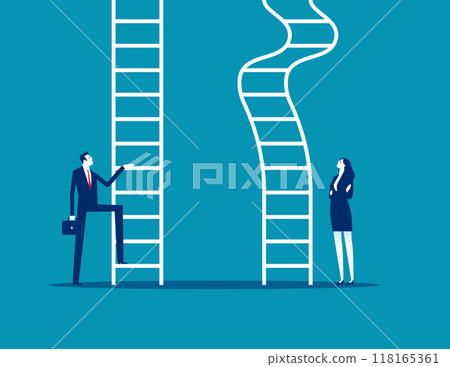 Business people about to climb up easy and difficult career ladder. Climbing ladder with obstacle concept Business people about to climb up easy and difficult career ladder. Climbing ladder with obstacle concept 118165361