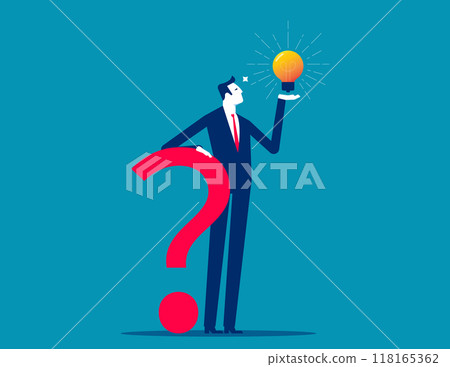 Smart businessman holding question mark sign and lightbulb solution. Creative thinking idea concept 118165362