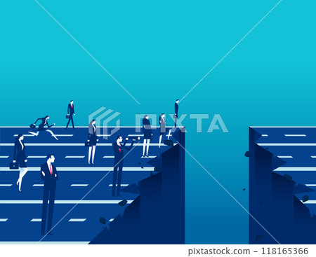 A group of business team standing on the edge of a broken cliff road. How to solve problems and setbacks vector concept A group of business team standing on the edge of a broken cliff road. How to solve problems and setbacks vector concept 118165366