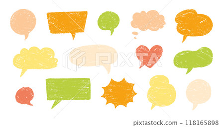 Crayon talk speech balloon frame doodle vector. Hand drawn crayon doodle speech cloud bubble set. Chalk texture sketch text talk cloud balloon frame background. Vector 118165898