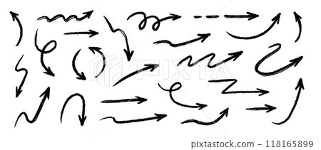 Arrow crayon brush fun kid chalk line stroke. Sketch chalk pencil texture line kid fun arrow icon. Hand drawn grunge crayon brush sketch direction charcoal element set. Vector 118165899