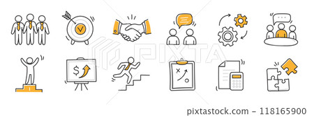 Hand drawn icon sketch business office career set. Doodle hand drawn business office target, finance group work, career teamwork strategy. Target, puzzle, chart element. Vector 118165900