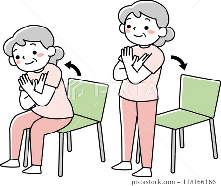 Senior woman doing squats using a chair 118166166