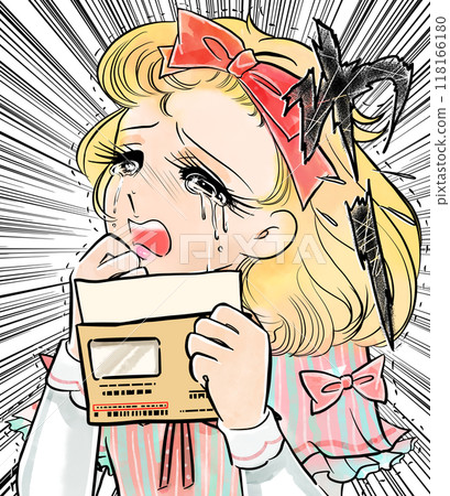 Illustration and concentrated lines of a beautiful blonde woman from a Showa era manga crying in despair over the back taxes levied by the tax office 118166180