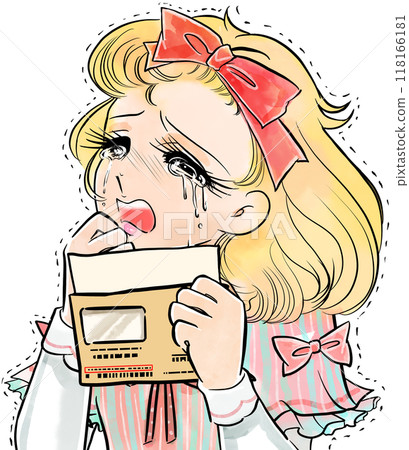Illustration and concentrated lines of a beautiful blonde woman from a Showa era manga crying in despair over the back taxes levied by the tax office 118166181
