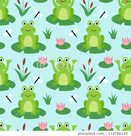 Seamless Pattern with cute frogs, dragonfly, water lily, reed on the lake. Children background. Vector flat illustration. 118166243