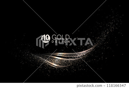 Isolated shiny gold ribbon with small sparkling tinsel on black background 118166347