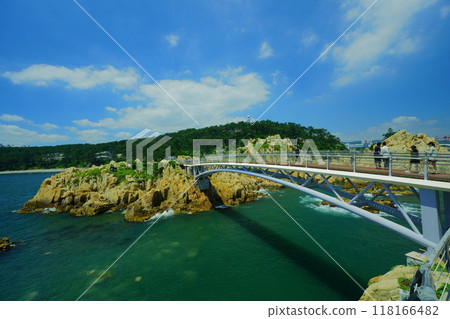 Rocky beach scenery with ocean horizon 118166482