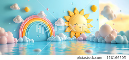 Cute sun and rainbow, peaceful landscape 3d illustration Cute sun and rainbow, peaceful landscape 3d illustration 118166505
