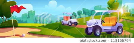 Golf course landscape with cart vector background Golf course landscape with cart vector background 118166764