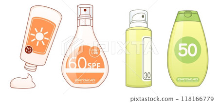 Sunscreen cream in bottle with cap and sprayer. Sunscreen cream in bottle with cap and sprayer. 118166779