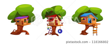Children treehouse with ladder and tire swing 118166802