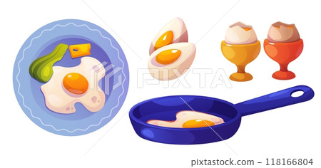 Chicken egg dishes set isolated on white 118166804