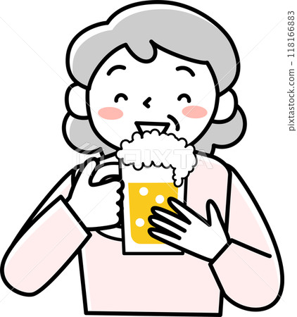 Senior woman drinking beer with relish Senior woman drinking beer with relish 118166883