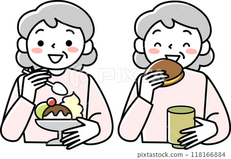 Smiling senior woman snacking 118166884