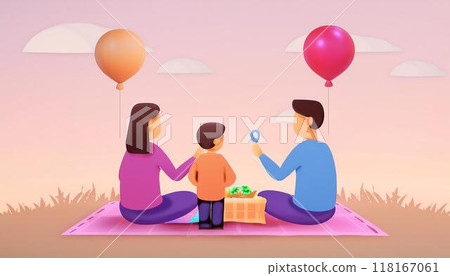Family of three playing with balloons 118167061