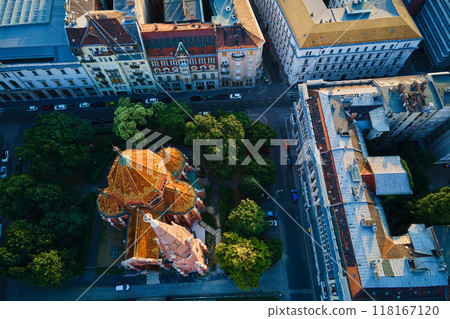 Panoramic view Budapest cityscape with rooftops. Aerial view of capital of Hungary with residential buildings and city streets 118167120