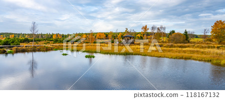 Pernink peat bog showcases vibrant autumn colors with golden grasses and orange foliage reflecting on the tranquil water, set against a serene landscape in the Ore Mountains of Czechia. Pernink peat bog showcases vibrant autumn colors with golden grasses and orange foliage reflecting on the tranquil water, set against a serene landscape in the Ore Mountains of Czechia. 118167132