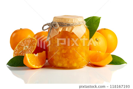 Orange jam and fresh fruits isolated on a white background. Orange jam and fresh fruits isolated on a white background. 118167193