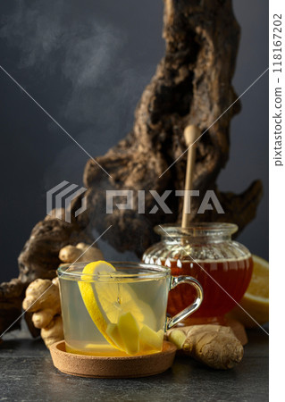 Ginger tea with lemon and honey. Ginger tea with lemon and honey. 118167202