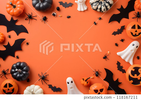 Halloween banner image with orange background. Copy space for pumpkins and decorations 118167211